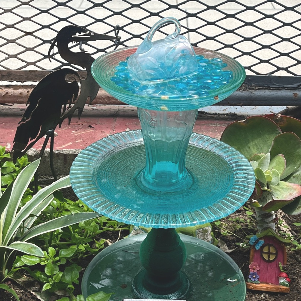 Glass bird, water, dish, water bath, overhead feeder, or birdfeeder